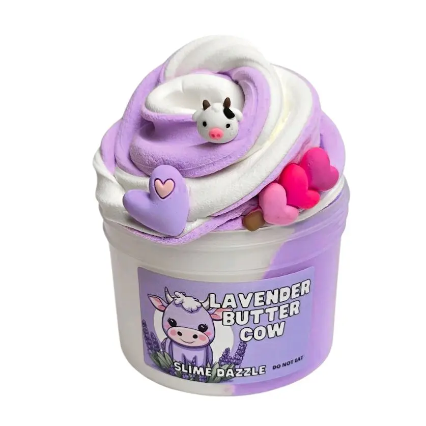 Lavender Butter Slime  8 FL OZ– Purple & White Butter Slime with Lavender Vanilla Scent, Cow & Heart Charms – Beginner Friendly Creamy Texture