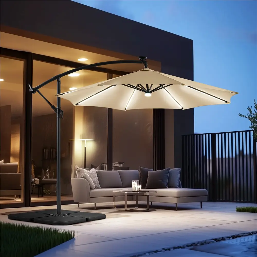【8 Solar LED Strip Lights】Yaheetech 10 FT Patio Offset Umbrella with Hub Light, 8-Rib Outdoor Cantilever Umbrella with Crank & Cross Base for Backyar