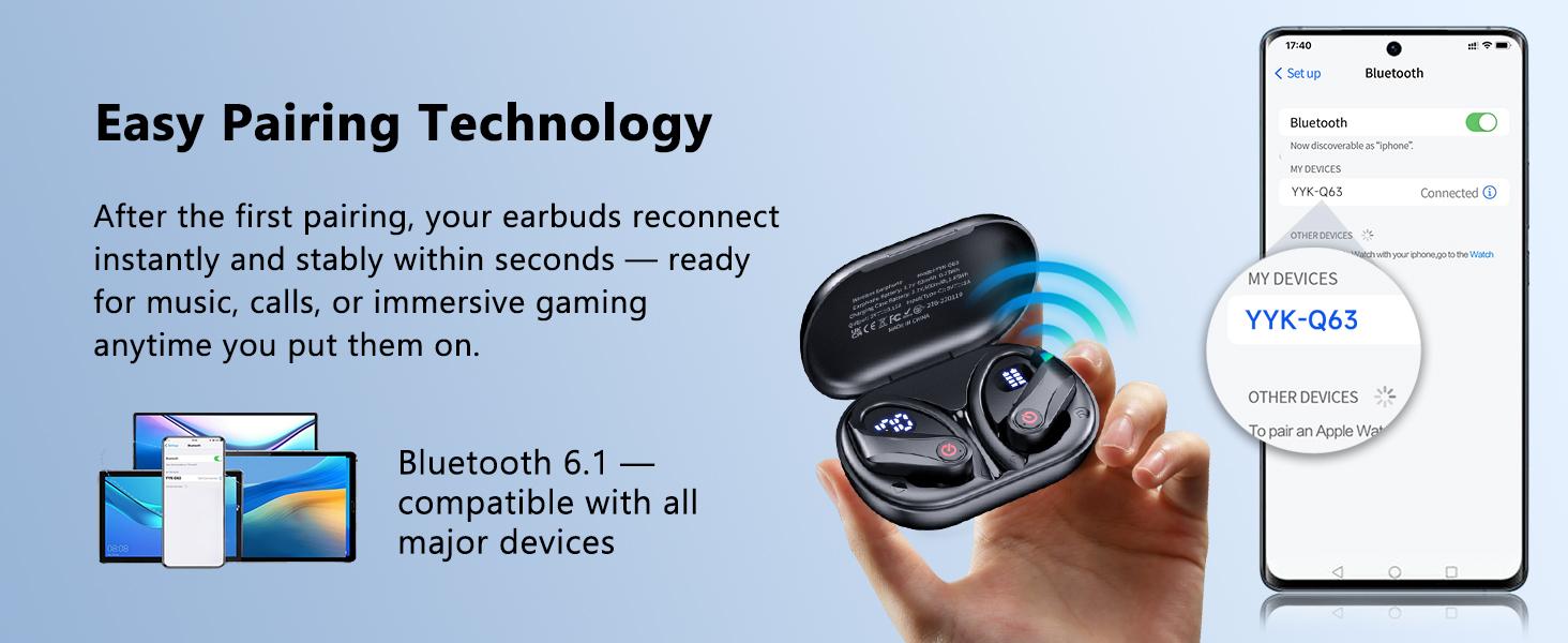 2026 Wireless In-Ear Earbuds with Bluetooth 6.1, Chargeable Sports Earhooks, Fast Charging Case, Dual LED Display, ENC Noise Cancelling Earphones, Easy Buttons, IPX7 Sweatproof, Batteries Included for Gym Audio & Outdoor Activities, Sweatproof Earphones
