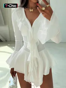Women's V Neck Slim Fit Dress, Sexy Belted Ruffle Flounce Long Sleeve Dresses, Casual Chic Fashion Lady Clothing for Spring & Fall, Womenswear