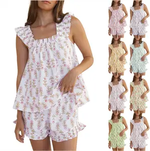 FMEYOA Womens Floral Print Pajama Sets Ruffle Trim Cami and Casual Shorts 2 Piece Lounge Set PJ