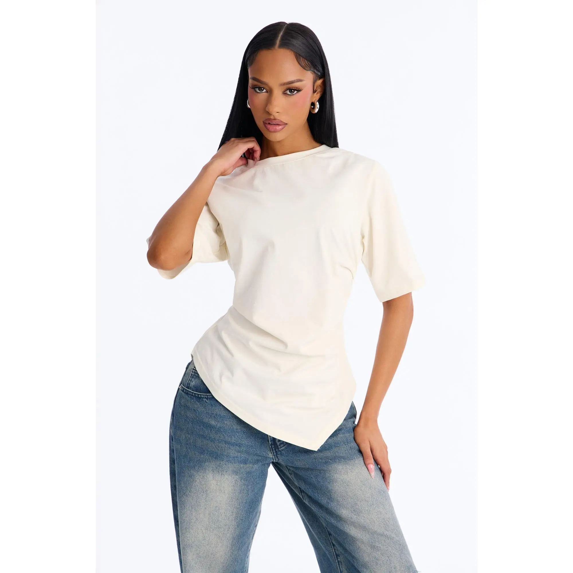 Mila Cinched Waist Asymmetrical T-Shirt - Cream