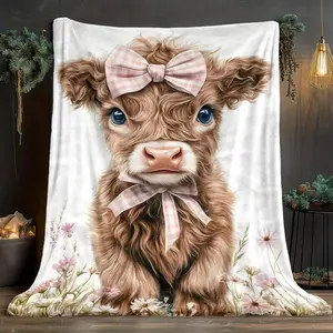 [1pc Highland Cow Print Blanket] Soft & Lightweight, Cozy Chic Blanket, Warm, Cute Cow with Bow Design, All-Season Use for Sofa, Bedroom, Living Room or Travel, Gift for Family or Friends, Cozy Home Accessory