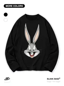 Classic Looney Tunes Bunny Cartoon Geometric Print Long Sleeve T-Shirt, Casual Breathable Fitted Top, Unisex Trendy Clothing for All Seasons