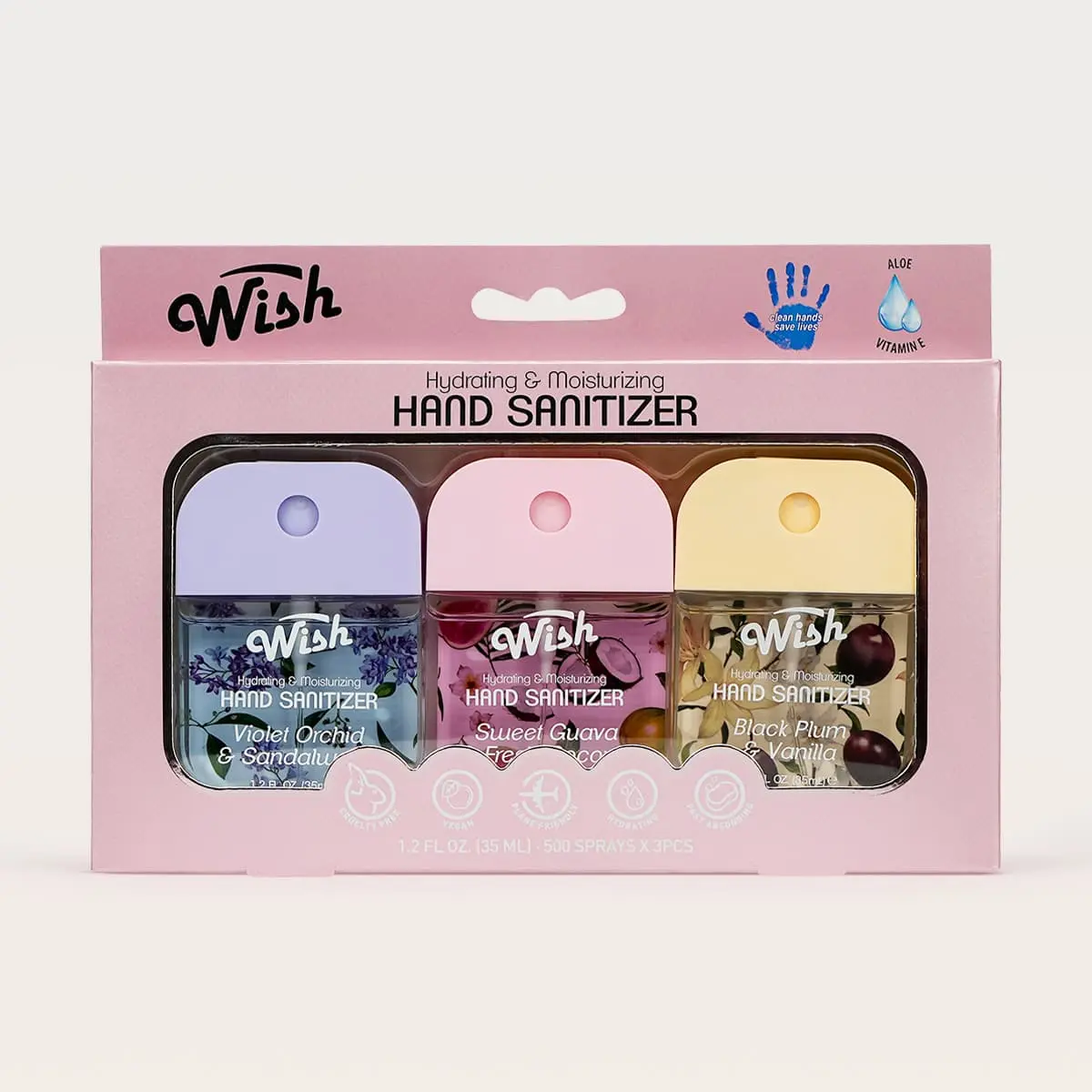 Wish Moisturizing Hand Sanitizer Spray, 3-Pack Travel Set with Coconut, Vanilla & Violet Orchid Scents, 1.2 fl oz Pocket-Size Bottles, Handspray, Moisturizing Hand Sanitizers, Portable Travel-Size, Multi Pack