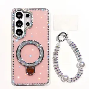 With Wrist Strap Lanyard Phone Case For Samsung A17 A07 A16 A26 A36 A56 A15 A35 A55 S24 S25 FE S26 S25 Plus S23 Ultra 5G Glitter Magnetic Folding Stand Holder Shockproof Cover