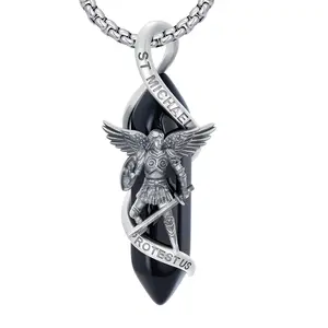 St Michael Necklace 925 Sterling Silver Catholic Archangel Michael Pendant Healing Crystal Point Saint Michael Necklace Amulet Protection Catholic Jewelry for Men Women TikTokShopBlackFriday