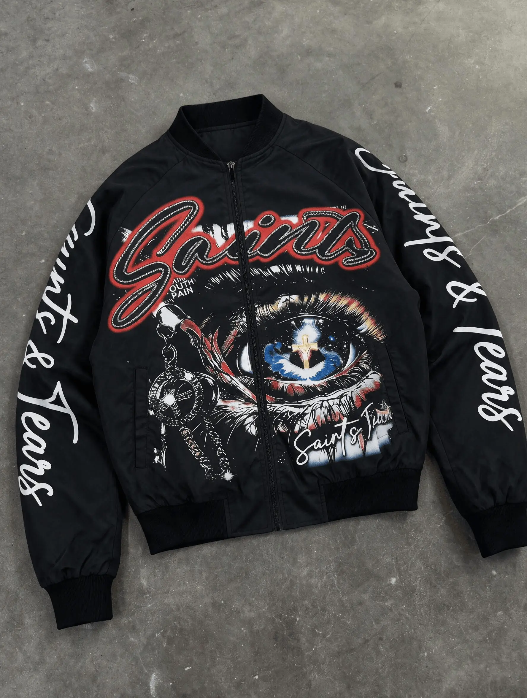 Men’s Stylish Baggy Oversize Casual Menswear Zip-Up Bomber Jacket - Ribbed Cuffs & Hem, Eye Cross Motif Vintage Hip Hop Graffiti Streetwear Outerwear, Full Print Y2K Pilot Coat