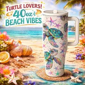 AuraCup 40oz Insulated Tumbler with Handle, Insulated Cups, Stainless Steel Vacuum Travel Mug, Vacuum Insulated Flask, with Sea Turtle Ocean Print, Large Capacity for Hot Cold Drinks, Coffee Mug for Car Office Outdoor Use, tumbler with lid and straw