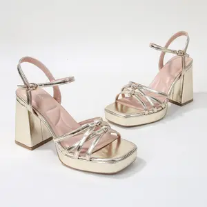 Women's Elegant 4-in PU Leather Square Toe Platform Sandals - Knotted Straps, Decor-Enhanced, Gold Heel, Memory Foam Cushioned Footwear