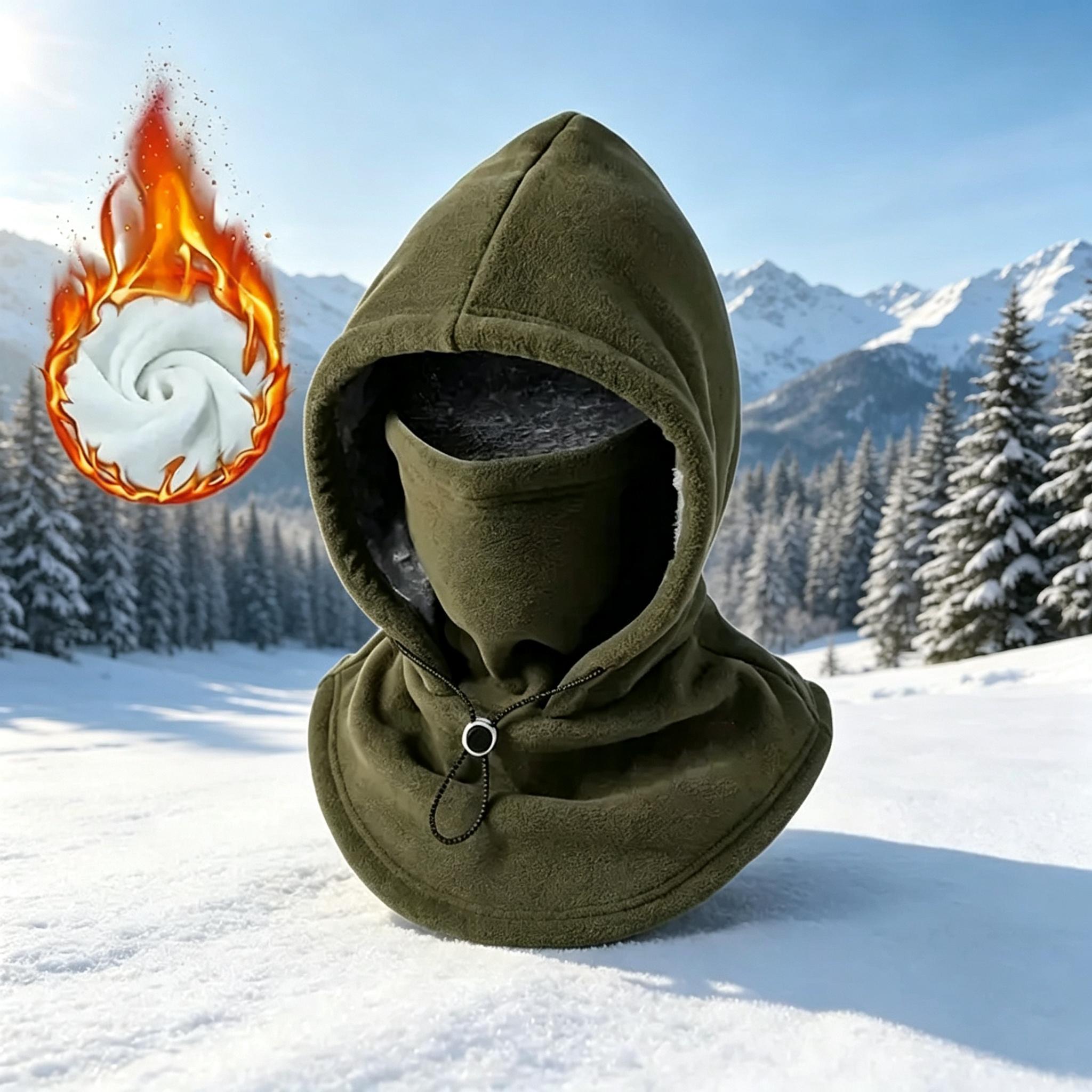 Fleece Double Layer Integrated Hat Winter Men Women Balaclava Ski Face Mask Hood Warm Plush Lined Head Ear Neck Coverage Adjustable Drawstring Extended Shoulder Coverage Weather Outdoor Activities