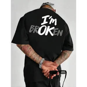 Plus Size I'm Broken Slogan Print Tee, Casual Comfy Half Sleeve Round Neck T-shirt for Summer, Men's Plus Clothing for Daily Wear