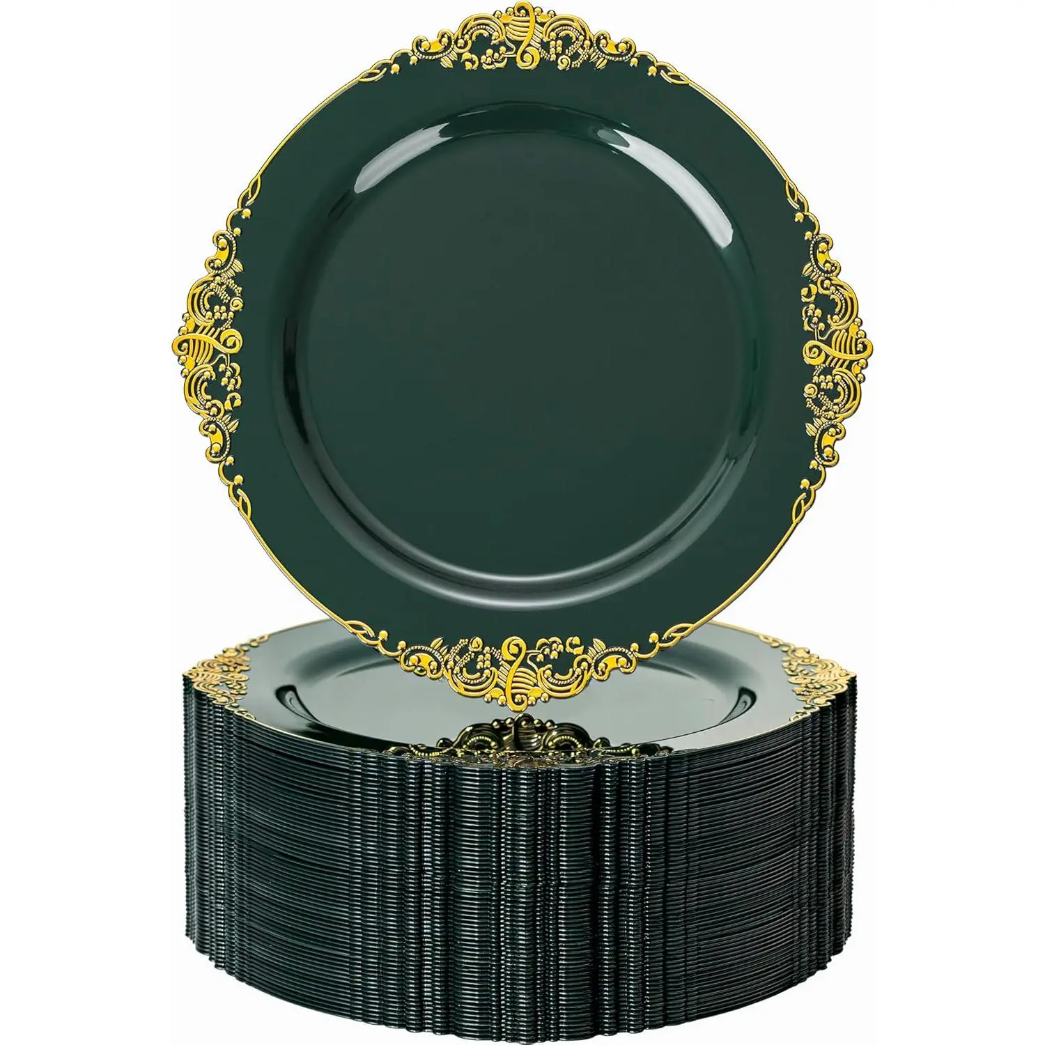 Nervure 100PCS Green and Gold Plastic Plates - 10.25inch Green Disposable Plates - Heavyweight Dinner Plate for Wedding & Party