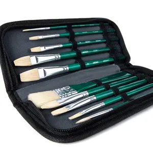 10 Pieces Paint Brush Set, Includes a Carrying Case, Premium Hog Bristle Brushes for Acrylic and Oil Painting (Green - Hog Bristle)