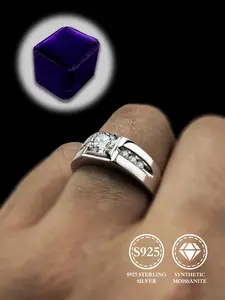S925 Sterling Silver Men's Elegant Minimalist Promise Ring, Exquisite Trendy Synthetic Moissanite Engagement Ring, Fashionable Jewelry Accessories for Men As Gift, Moissanite Rings