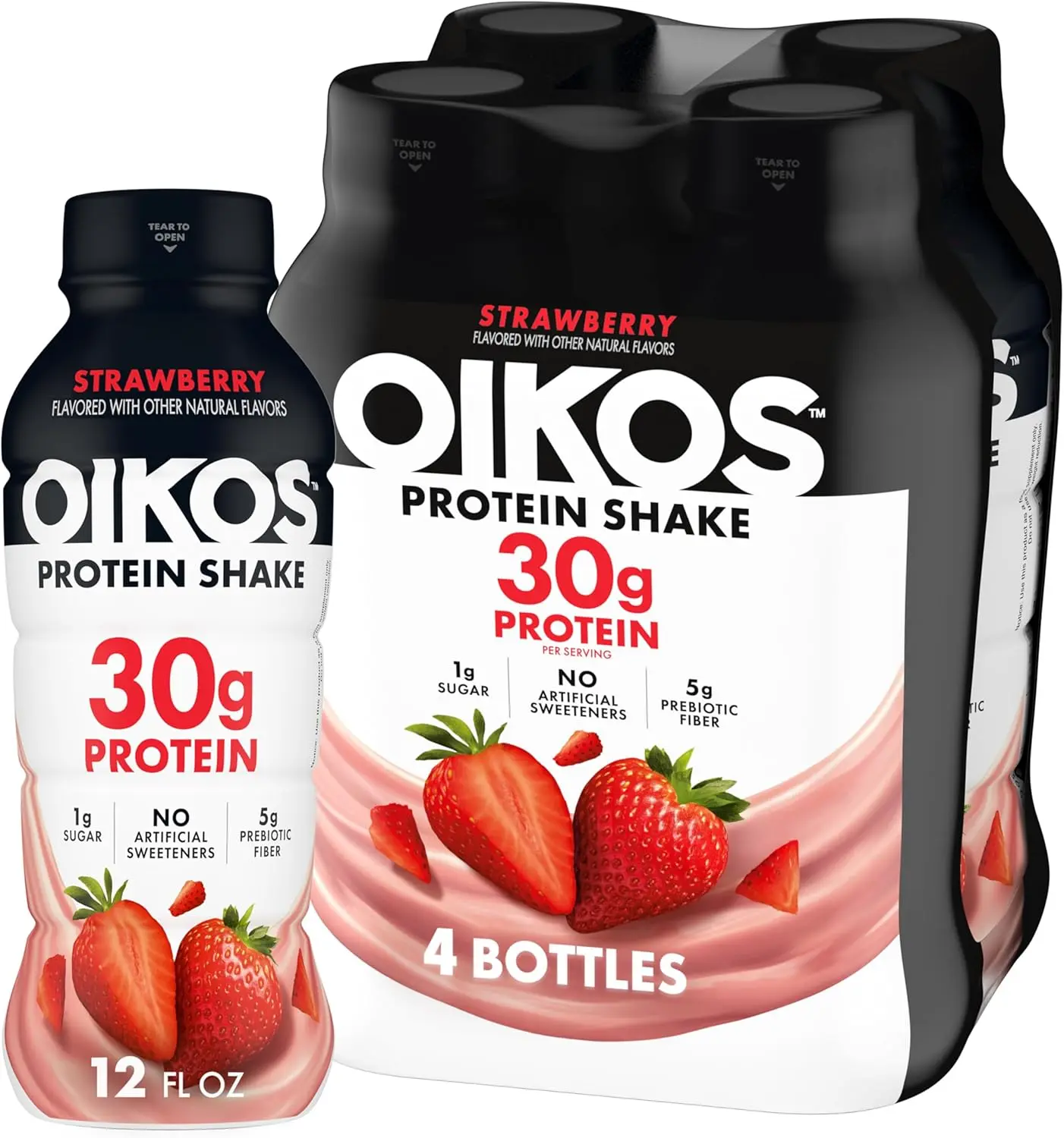 Oikos 30g Protein Shake, Strawberry, High Protein Drinks, Shelf Stable, Ready to Drink, 5g Prebiotic Fiber, 12 fl oz Bottle, 4 Count​