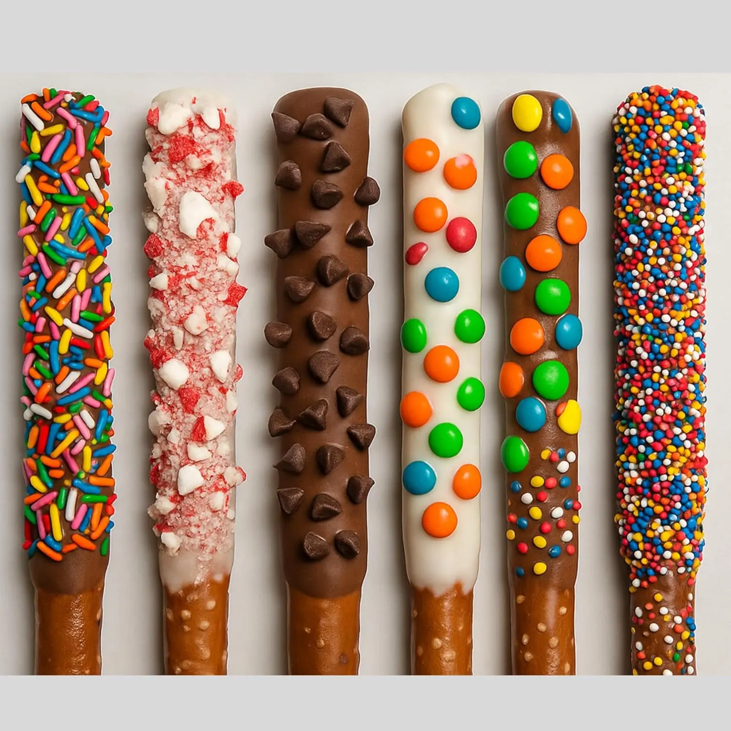 Chocolate Covered Pretzel Rods Gourmet Pretzel Sticks with Rainbow Sprinkles & Assorted Toppings Bulk 50 pack Individually Wrapped Chocolate Covered Pretzels