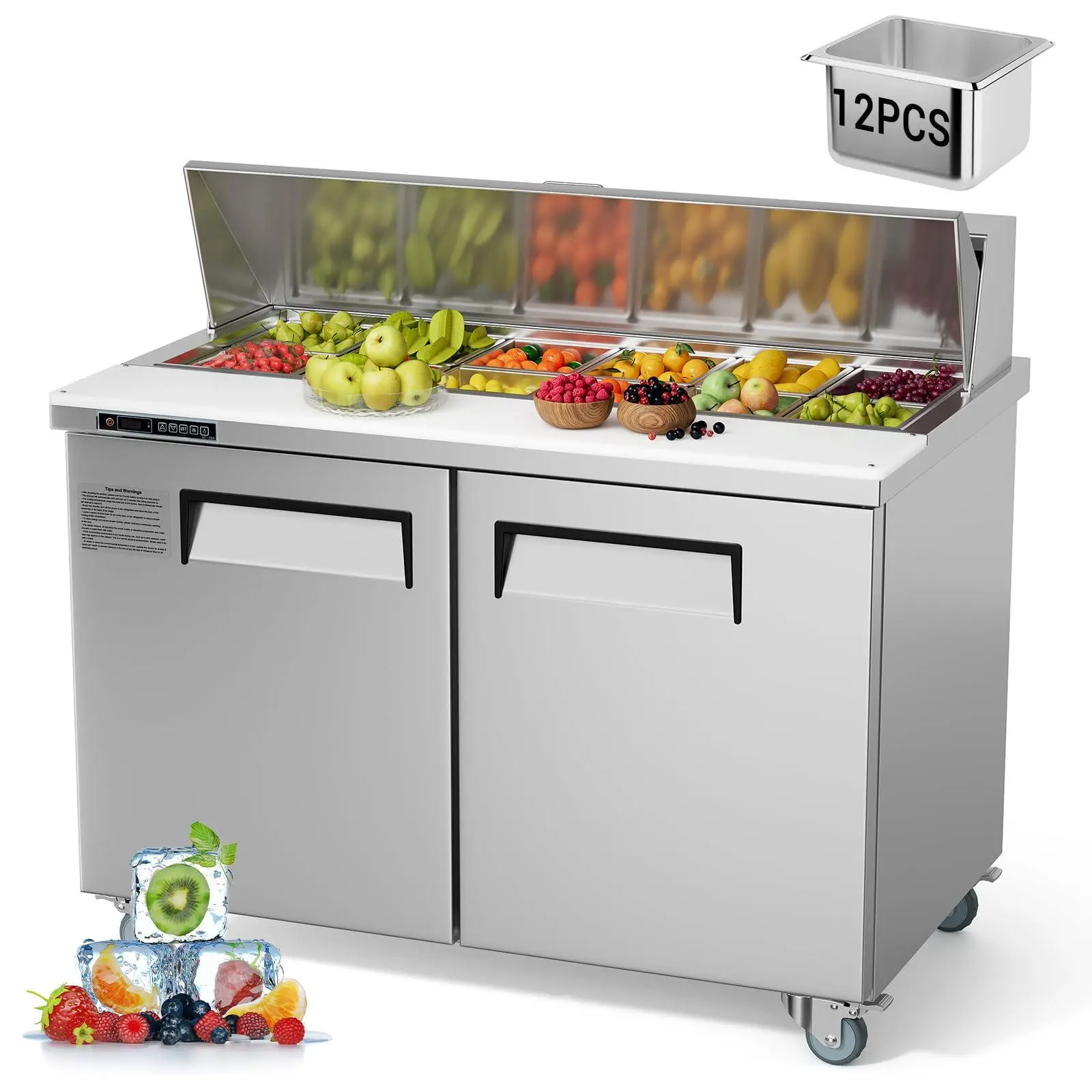 GARVEE 48 in Refrigerator Sandwich/Salad Prep Table Refrigerator,12.85 cu. ft W 2 Door Commercial Stainless Steel Counter Food Prep Station Cooler Refrigerator,12 pans,for Restaurant, Bar, Shop