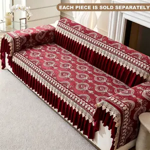 Elegant European Style Sofa Cushion, Sofa Slipcover, Dark Velvet, All-Season Reusable, High-Quality Lace Trim, Winter Decorative Cover