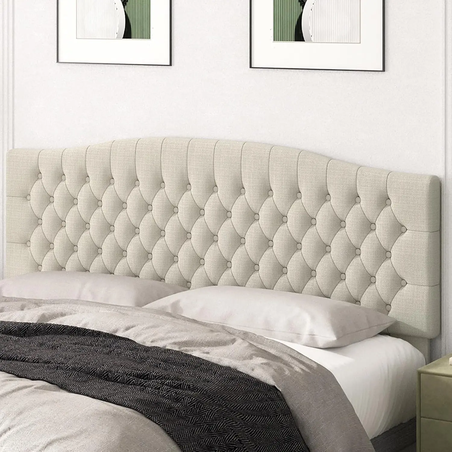 King Headboard Only, Upholstered Headboard King Size for Adjustable Bed Linen Tufted Wall Mounted Head Board with Solid Wood Legs, Ivory