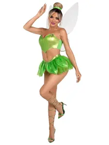 Tink Babe Tinkerbell-Inspired Costume Green Crop Top High-Waist Skirt Fairy Wings Hair Tie for Halloween Fairy-Tale Parties