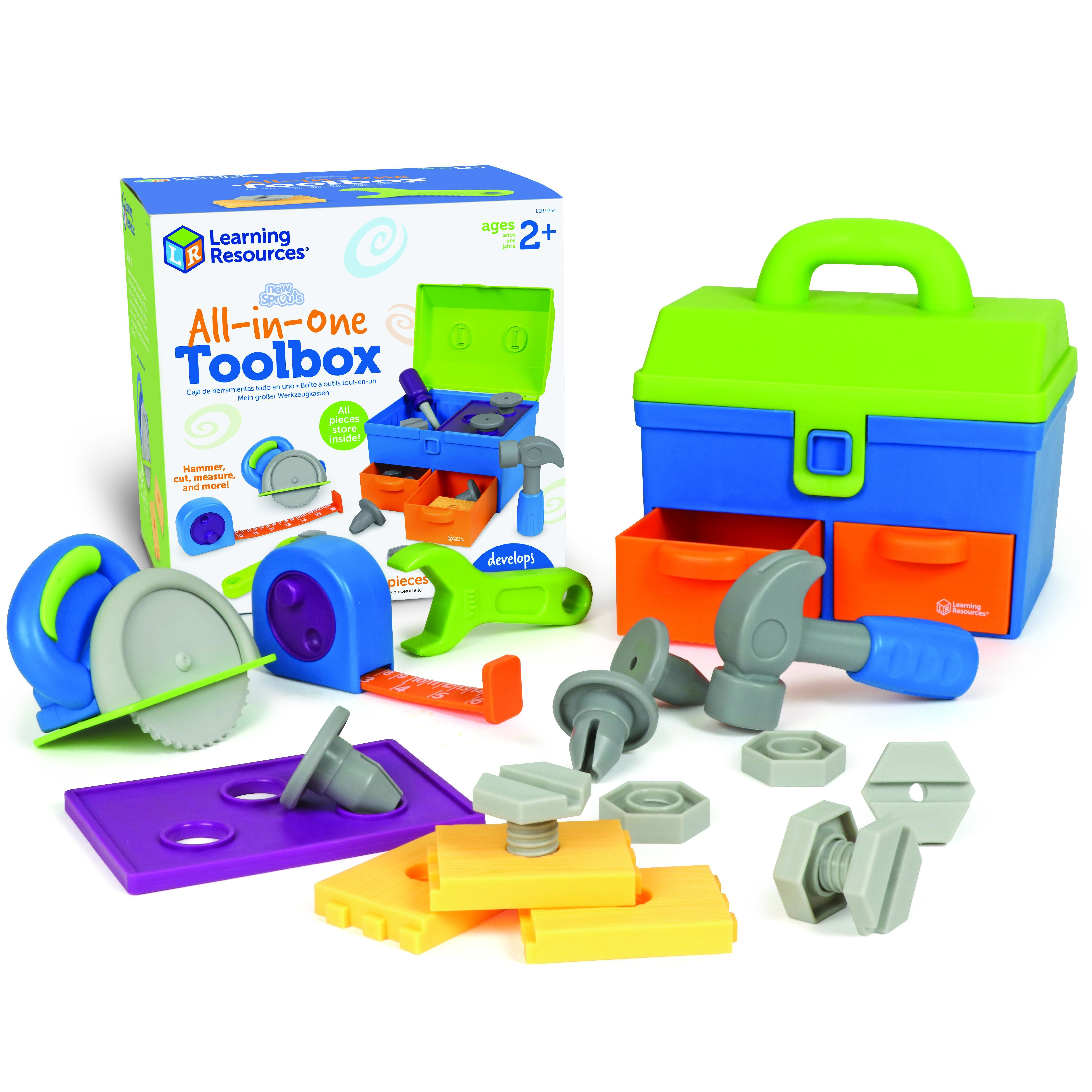 Learning Resources New Sprouts All-in-One Toolbox - Kids Tool Set, Toddler Toys, Fine Motor Skills, Pretend and Play Construction Box, Montessori Drill and Screw Toys