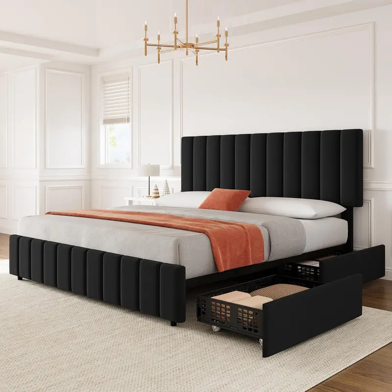 【Christmas Gift】Queen Size Linen Upholstered Platform Bedframe - 4 Storage Drawers, Adjustable Height Headboard, Silent, No Box Spring Needed, Easy Assembly, Durable Black Bed with Compartments, Assembly Required