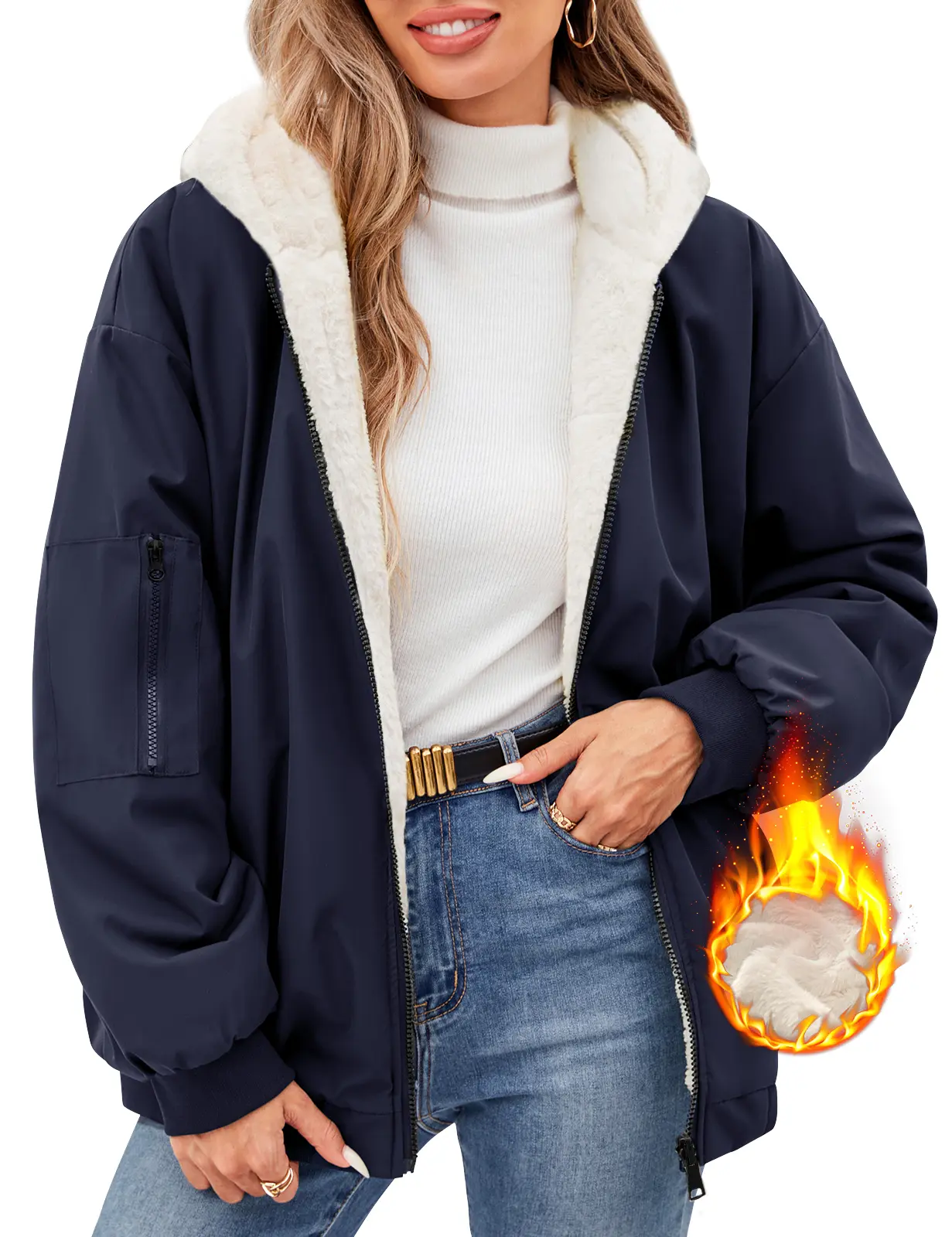 HEEKPEK Women's Reversible Coat Warm Winter Hooded Fleece Lined Jacket Zip Up Outerwear with Pockets, Jackets, Style, Long Sleeve, Piece, Outfits
