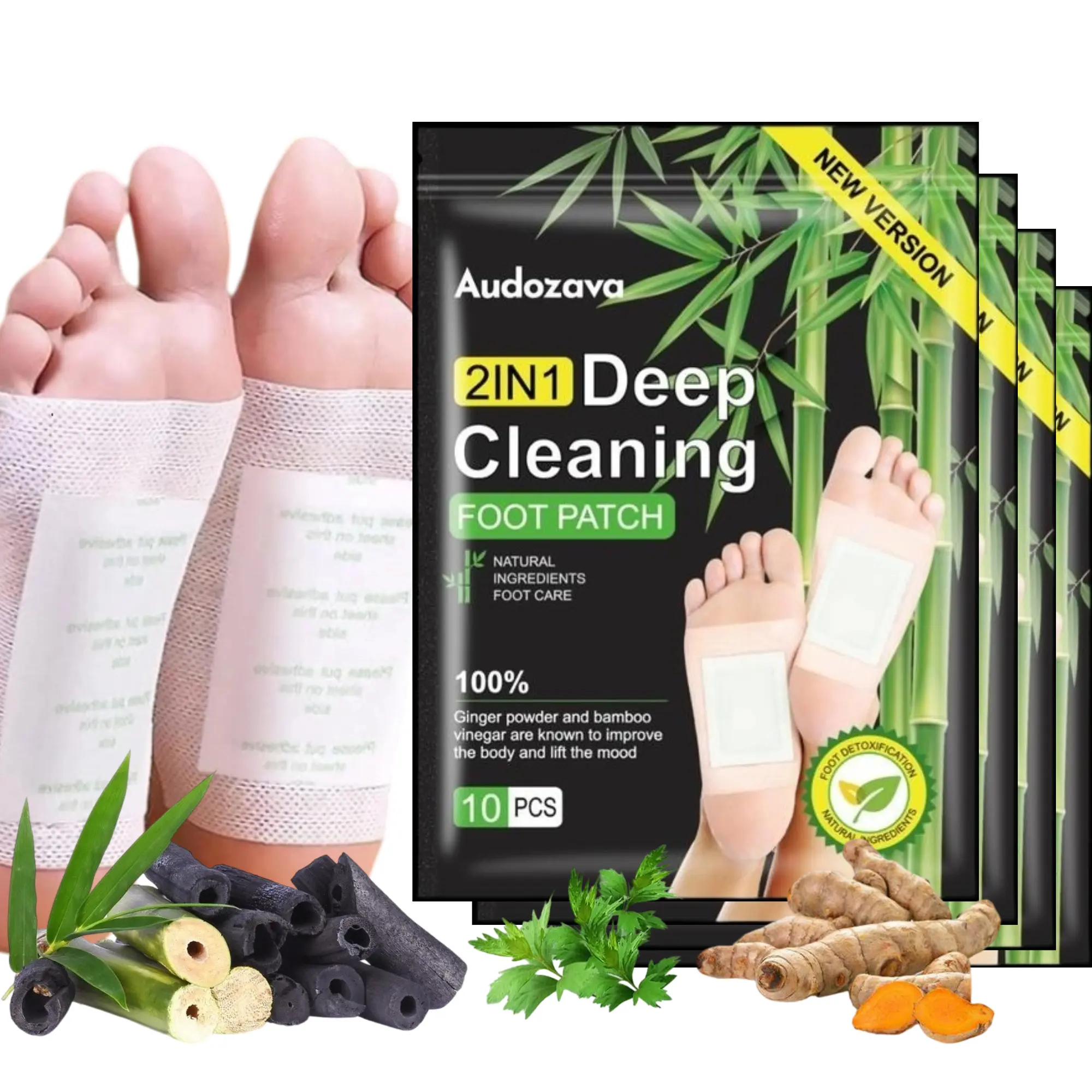 40PCS 2 In 1 Ginger Bamboo Deep Cleansing Foot Patches, Natural Herbal Foot Pads, Relieve Daily Fatigue, Calm Stress & Improve Sleeping Quality for Men Women