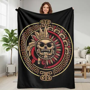 Aztec Calendar Skull Flannel  Blanket | Tribal Mayan Warrior Headdress Art | Indigenous Mexican Heritage Decor | Black & Gold Ancient Symbol Bedding | Soft Cozy Plush Blanket for Couch Sofa | Unique Cultural Gift for Men Women
