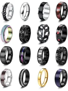 16Pcs Stainless Steel Fidget Rings for Men Women Stress Anxiety Relief Rings Black Cool Chain Band Spinner Rings Set for Wedding Promise Mens Rings Pack