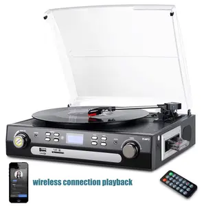 Bluetooth Record Player with Stereo Speakers, Turntable for Vinyl to MP3 with Cassette Play, AM/FM Radio, Remote Control, USB/SD Encoding, 3.5mm Music Output Jack(Black) Valentine’s Day gift