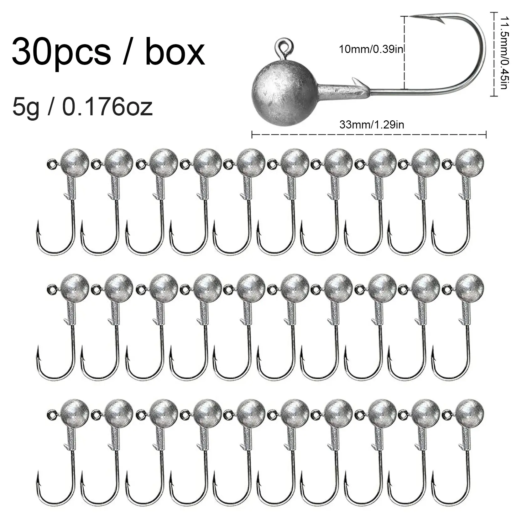 30pcs Heavy-Duty Fishing Hooks, Round Lead Jig Head Hooks for Freshwater & Saltwater Fishing, Sharp, Non-Corrosive, for Bass, Trout - Ideal for Soft Baits, Lures, Live Bait - Professional & Amateur Anglers, Fishing Tackle, Fishing Supplies