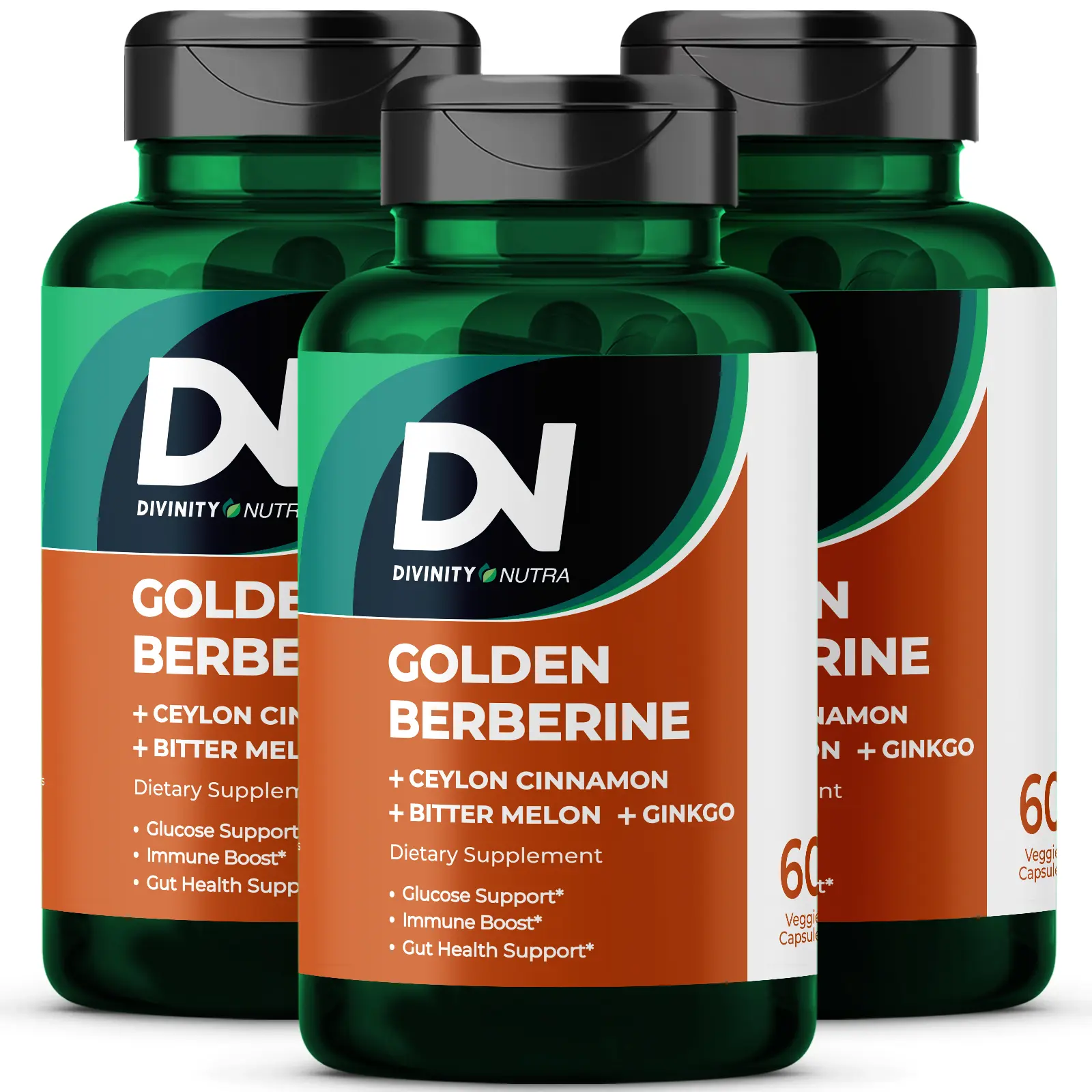 DN 3 Packs 4-in-1 Golden Berberine Supplement 1500mg, Glucose Support, with Ceylon Cinnamon Bitter Melon Ginkgo, Support Gut Health, Metabolism, Wellness, 60 Capsules, Divinity Nutra