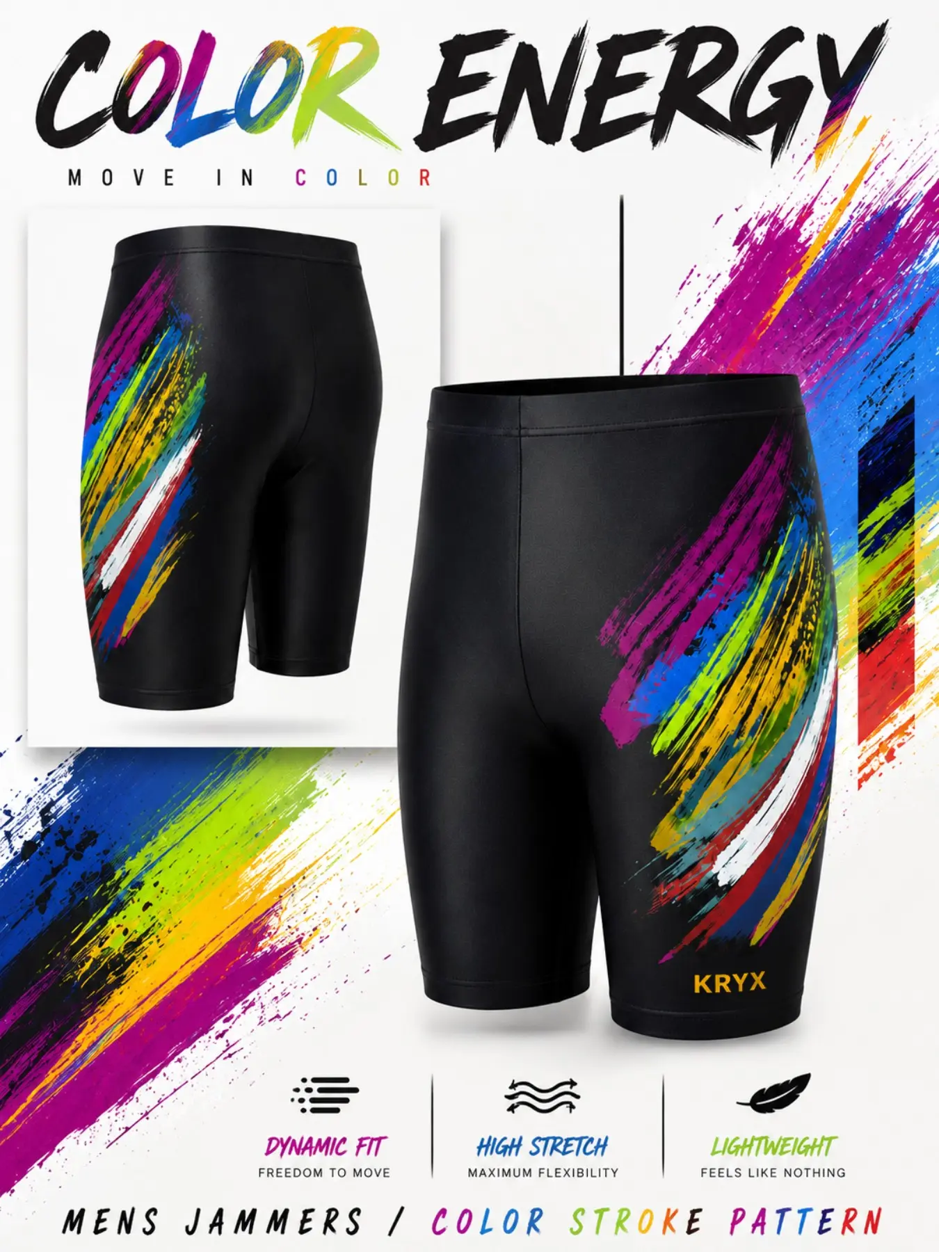Men's Swim Shorts, Compression Swim Trunks, Colorful Brush Print Swimwear, European American Style Athletic Swimsuit, Long Leg Surfing Beach Shorts, Pool Training Jammers, Stretch Fit Summer Vacation Bathing Suit