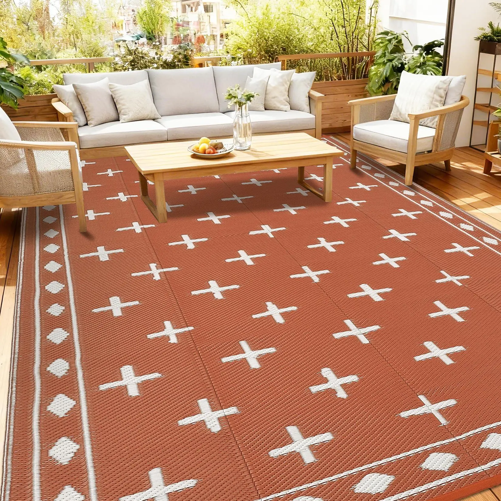 GARVEE Rectangular Geometric Outdoor Rug 9x12, Reversible Waterproof Plastic Straw Area Mat for Patio, Camping, Beach