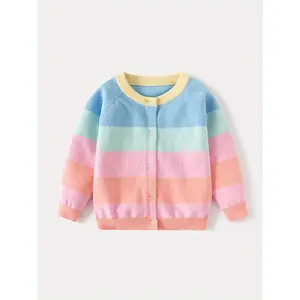 Girls' Rainbow-Colored Sweater Cardigan 2024 Autumn New Korean Style Children's Clothing Top Girls' Colorful Striped Cotton Knit Sweater