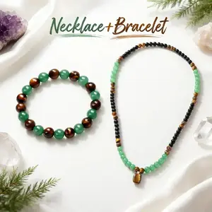 "Unisex Money Attraction Jewelry Set - Natural Tiger's Eye & Protection Crystal Beads Necklace + Bracelet Combo Pack"