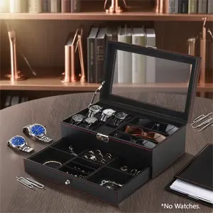 Men's Watch Box Organizer with 6 Slots & Large Glass Lid, Jewelry & Sunglasses Storage, Lockable 2-Layer Display Case, Perfect Gift