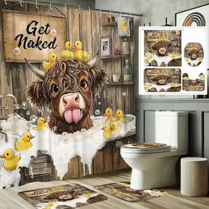 1/4pcs Country style cute Highland cow pattern shower curtain set, non-slip floor mat, U-shaped carpet, toilet lid cover, perfect for bathroom decoration accessories, partition, beautify the space, free 12 shower curtain hooks, Bathroom Shower Equipment