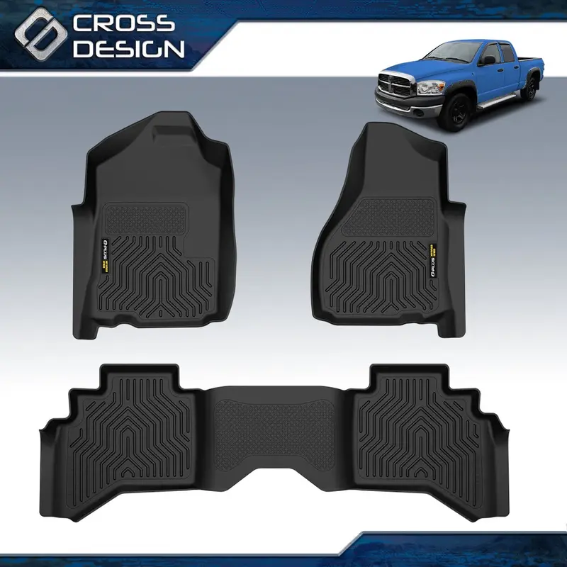 CROSSDESIGN Synthetic TPE Truck Floor Mats for Dodge Ram 1994-2024 1500/2500/3500, 1st-2nd Row 3-Piece Set, All-Weather Rain-Shielding, Wear-Resistant, Waterproof, Anti-Slip, Raised-Edge Hold, Heat-Stable Odor-Free TPE, Shake-Clean Car Interior Accessory,