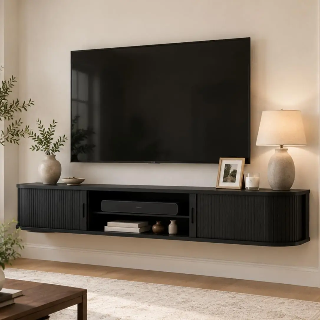 Floating TV Stand with Sliding Doors, 63" Fluted TV Console with LED Lights, Floating TV Shelf for TVs up to 75 Inch, Media Entertainment Center Under TV Cabinet for Living Room Bedroom ，Black sohochic