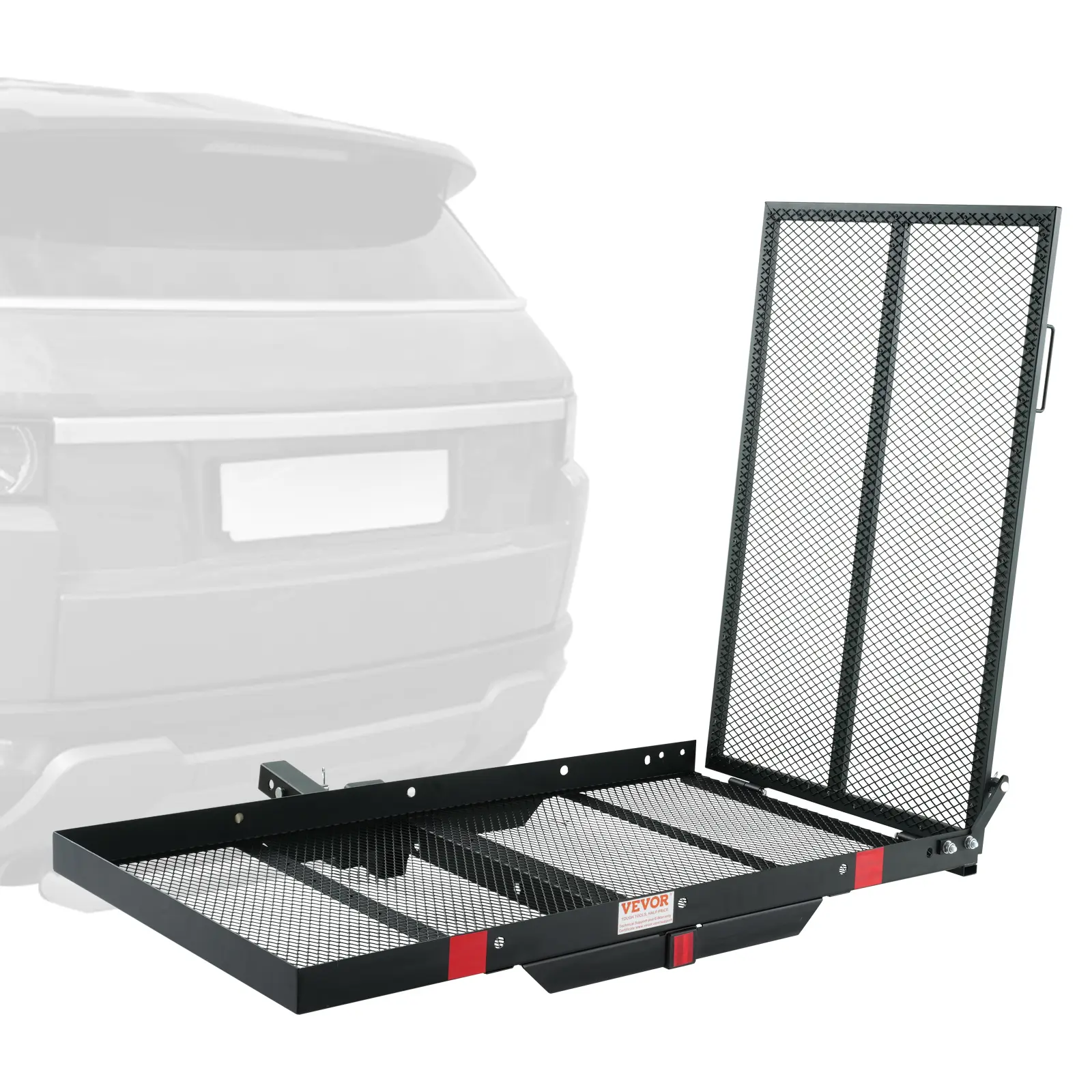 【summerfinds】VEVOR Hitch Mount Cargo Carrier, 45.3" x 25.6" Iron Hitch Cargo Rack with Folding Ramp, Hitch Rack Basket with Stabilizer and Straps, 500LBS Mobility Scooter Carrier Fit 2" Hitch Receiver