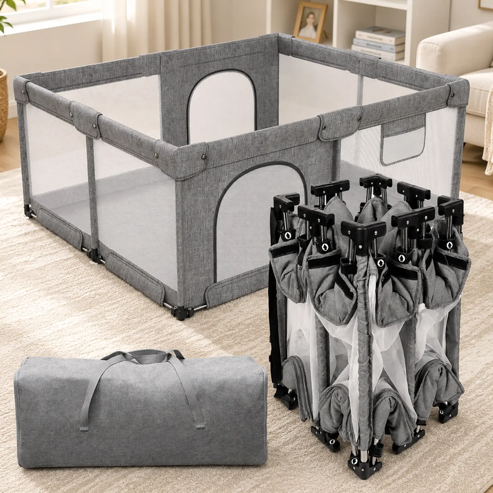 Dearlomum Large Foldable Baby Playpen, Collapsible Infant Playard with Safety Gate, Breathable Mesh Toddler Activity Center Play Yard, Portable Travel Fence for Babies, Black & Grey