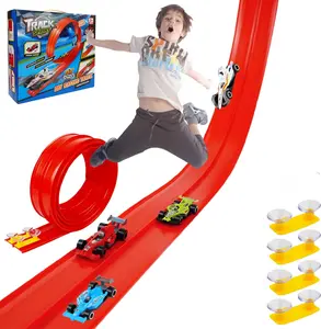 Flex Tracks Race Car Track Set Flexible Race Car Track for Kids Toy with  Suction Cups, Rolls Up Portable Racetrack Compatible with Hot Wheels & Diecast 1/64th Cars