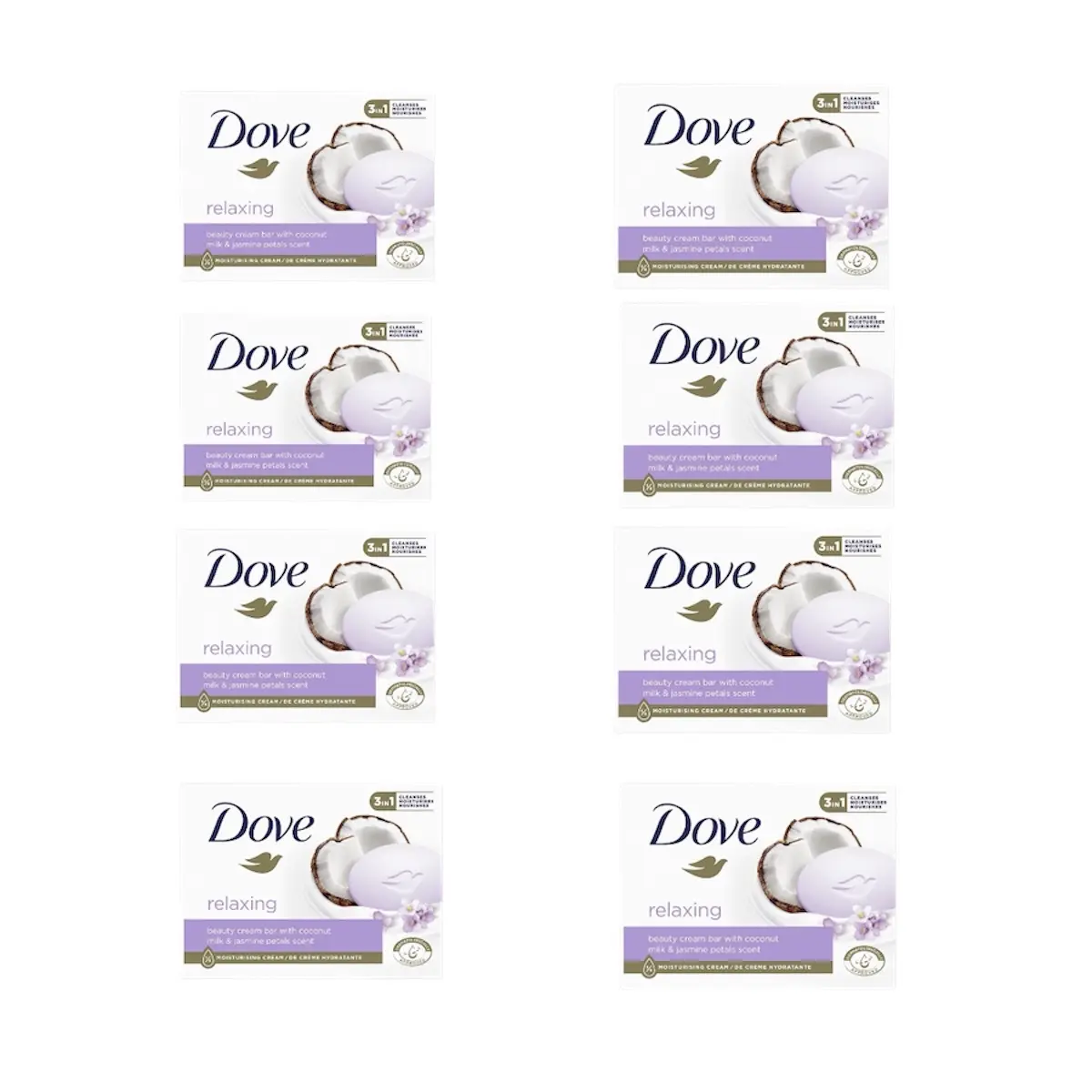 Dove Relaxing Beauty Cream Bar with Coconut Milk & Jasmine Petals Scent - 8 Bars, 90g Aroma Body Care Gentle Hypoallergenic