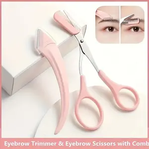 Pink Eyebrow Grooming Kit: 3pcs Premium Eyebrow Trimmer And Scissors Set, Featuring a Curved Eyebrow Razor And Scissors with a Comb, Perfect for Easy Brow Trimming on The Go, Ideal for Beginners.