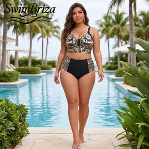Briza｜Women's Plus Size Two Piece Bikini Set with Tummy Control and Longline Supportive Top, High Waisted Bathing Suit in Black and Ivory Geometric Maze Print, Perfect Vacation Swimwear, Women's Swimwear, Bathing Suit for Women, Poolside Beachwear