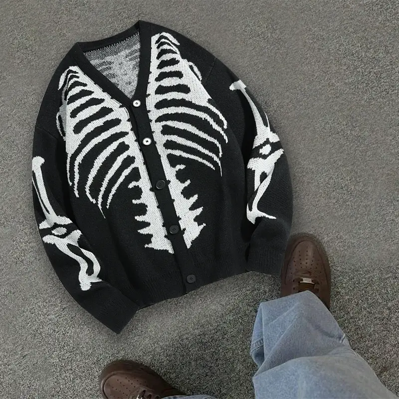 Men's Vintage Skull Jacquard Knitwear Cardigan - Menswear Long Sleeves Sweater, 2026 SummerVibes, Loose Fit, Mid-Length, Stylish, Elegant Winter Casual Top, Longsleeves, Aesthetic Men's Pullover, Chic Men's Pullover, Baggy Oversized Men's Pullover