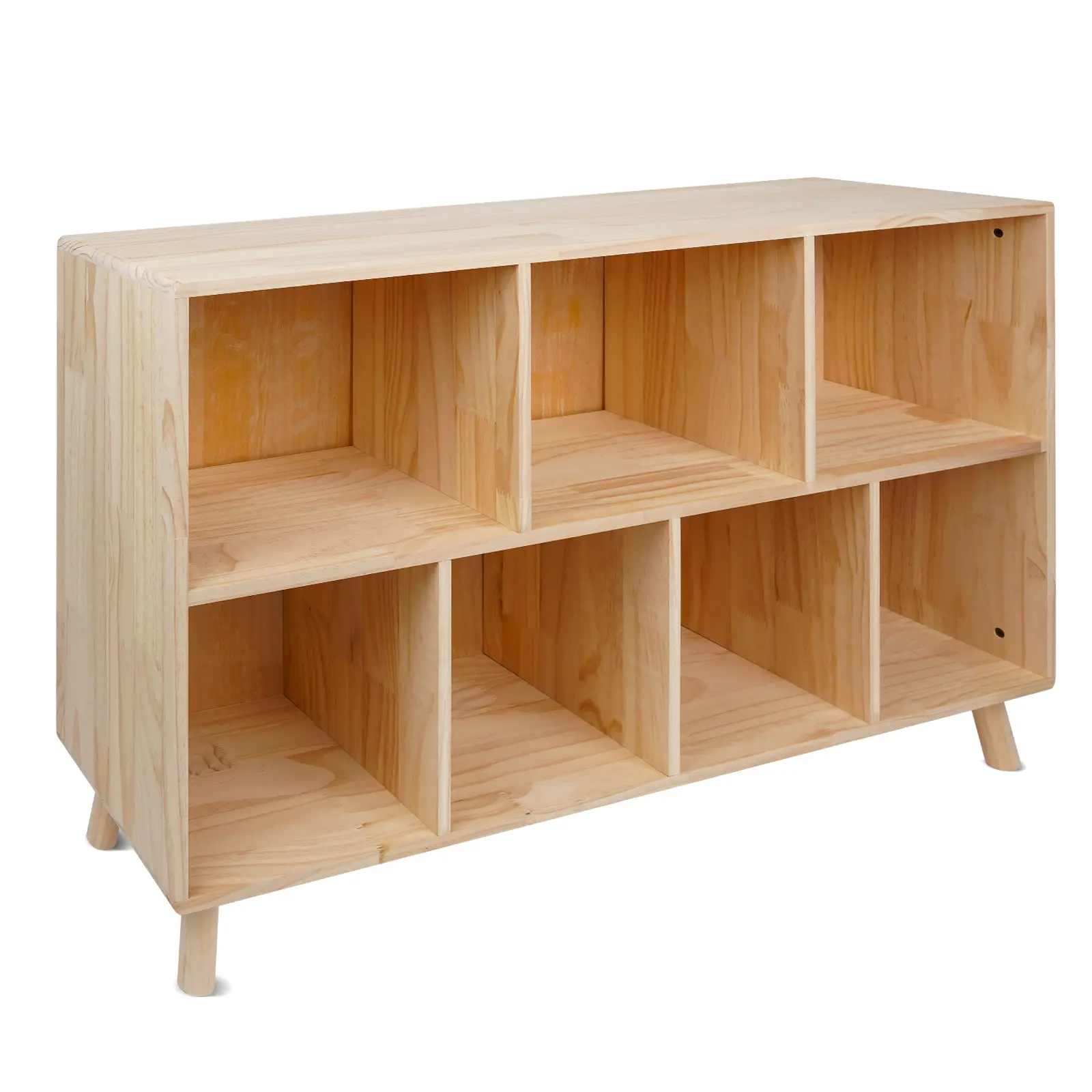 Freestanding Solid Pine 7-Cube Bookcase Storage Organizer, Natural Wooden Freestanding Shelf Cabinet with Anti-Tip Safety Design, Open Cubby for Everyday Family Use in Living Room, Bedroom, Office, Bookshelf